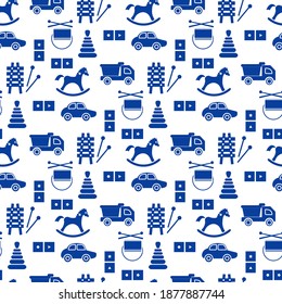 Vector seamless pattern Kid toys illustration Happy childhood Gaming items Cars pyramid, domino, xylophone drum ball Primary school, elementary grade, kindergarten Game Play Design for clothing, print