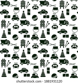 Vector seamless pattern Kid toys illustration Happy childhood Gaming items Cars pyramid, domino, xylophone drum ball Primary school, elementary grade, kindergarten Game Play Design for clothing, print