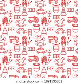 Vector seamless pattern Kid toys illustration Happy childhood Gaming items Cars pyramid, domino, xylophone drum ball Primary school, elementary grade, kindergarten Game Play Design for clothing, print