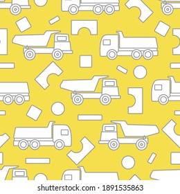Vector seamless pattern with kid toys. Dump truck, cubes, blocks for construction. Primary school, elementary grade, kindergarten. Happy childhood activity. Illuminating and Ultimate Gray