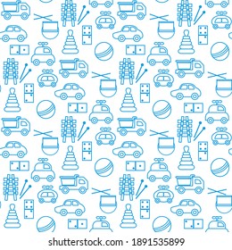 Vector seamless pattern Kid toys illustration Happy childhood Gaming items Cars pyramid, domino, xylophone drum ball Primary school, elementary grade, kindergarten Game Play Design for clothing, print