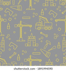 Vector seamless pattern with kid toys. Excavator, crane, toy tools, saw, hammer, wrench, screwdriver. Primary school, elementary grade, kindergarten. Happy childhood Illuminating and Ultimate Gray.