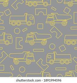 Vector seamless pattern with kid toys. Dump truck, cubes, blocks for construction. Primary school, elementary grade, kindergarten. Happy childhood activity. Illuminating and Ultimate Gray.