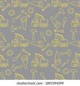 Vector seamless pattern with kid toys. Excavator, toy tools, saw, hammer, wrench, screwdriver, nut. Primary school, elementary grade, kindergarten. Happy childhood Illuminating and Ultimate Gray.