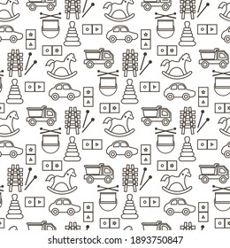 Vector seamless pattern Kid toys illustration Happy childhood Gaming items Cars pyramid, domino, xylophone drum ball Primary school, elementary grade, kindergarten Game Play Design for clothing, print
