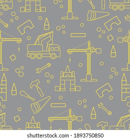 Vector seamless pattern with kid toys. Excavator, crane, toy tools, saw, hammer, wrench, screwdriver. Primary school, elementary grade, kindergarten. Happy childhood Illuminating and Ultimate Gray.