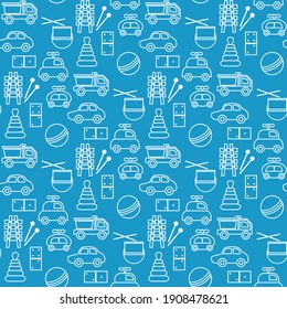 Vector seamless pattern Kid toys illustration Happy childhood Gaming items Cars pyramid, domino, xylophone drum ball Primary school, elementary grade, kindergarten Game Play Design for clothing, print