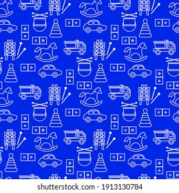 Vector seamless pattern Kid toys illustration Happy childhood Gaming items Cars pyramid, domino, xylophone drum ball Primary school, elementary grade, kindergarten Game Play Design for clothing, print