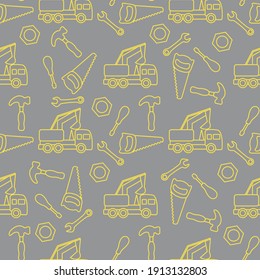 Vector seamless pattern with kid toys. Excavator, toy tools, saw, hammer, wrench, screwdriver, nut. Primary school, elementary grade, kindergarten. Happy Illuminating and Ultimate Gray.