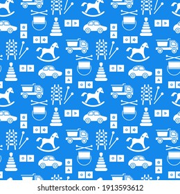 Vector seamless pattern Kid toys illustration Happy childhood Gaming items Cars pyramid, domino, xylophone drum ball Primary school, elementary grade, kindergarten Game Play Design for clothing, print