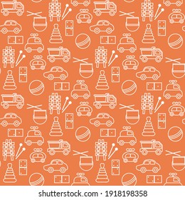 Vector seamless pattern Kid toys illustration Happy childhood Gaming items Cars pyramid, domino, xylophone drum ball Primary school, elementary grade, kindergarten Game Play Design for clothing, print