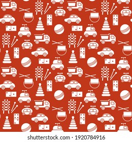 Vector seamless pattern Kid toys illustration Happy childhood Gaming items Cars pyramid, domino, xylophone drum ball Primary school, elementary grade, kindergarten Game Play Design for clothing, print