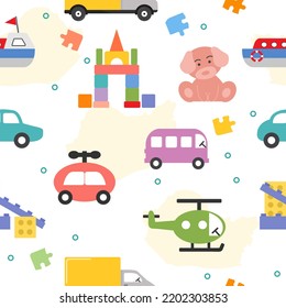 Vector seamless pattern Kid toys Illustration Childish background for fabric, textile. Elementary grade, kindergarten. Happy childhood. Activity. Cars, cubes, helicopter, boat, children's designer