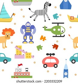 Vector seamless pattern Kid toys Illustration Childish background for textile Elementary grade, kindergarten. Happy childhood Activity Car, puzzle, helicopter, ship, rocket, robot, animal stuffed toys