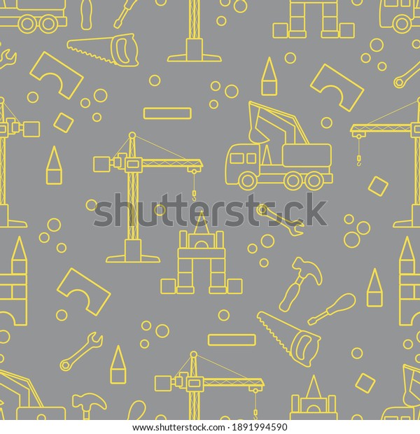 Vector seamless pattern with kid toys. Excavator,\
crane, toy tools, saw, hammer, wrench, screwdriver. Primary school,\
elementary grade, kindergarten. Happy childhood Illuminating and\
Ultimate Gray.