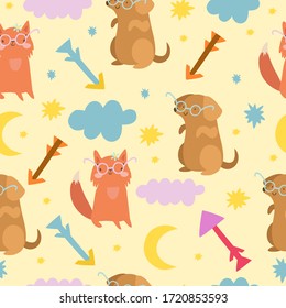 vector seamless pattern for kids. boho style, arrows. cute animals with glasses