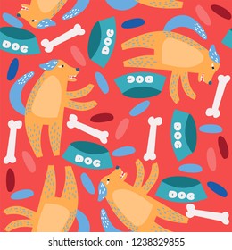 Vector seamless pattern for kids. Cartoon dog on a bright background