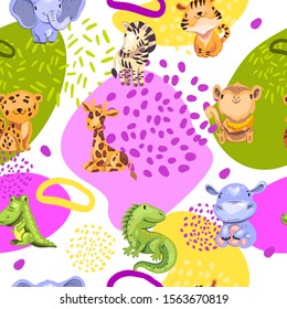 Vector seamless pattern for kids. Colorful background with cute African animals, such as crocodile, leopard, tiger, monkey, giraffe, hippo and iguana. For apparel, wrapping paper, nursery posters