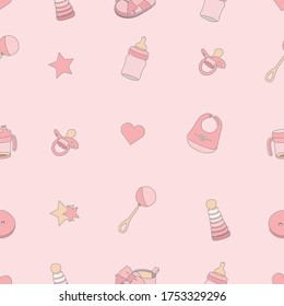 Vector seamless pattern for kids concept. Children's toys, rattle, bottle of milk, baby's dummy, bib, mug spill.
