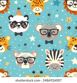 Vector seamless pattern for kids. Cute animals in birthday hats and glasses. Funny cartoon characters on pattern for birthday wrapping paper, decor and fabric.