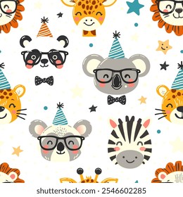 Vector seamless pattern for kids. Cute animals in birthday hats and glasses. Funny cartoon characters on pattern for birthday wrapping paper, decor and fabric.