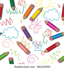 Vector seamless pattern. Kids Doodle. Colorful pencils
