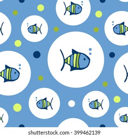 Vector seamless pattern for kids with fishes on blue background. Circle, bubbles. Cute fish for fabric, baby clothes. Colorful funny fish texture. Doodles for design. Cartoon style. Boy blue pattern.
