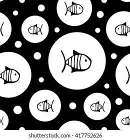 Vector seamless pattern for kids with fishes and circle and bubbles. Cute fish for fabric, baby clothes, background, bed-clothes, bed linen. Funny texture. Doodles for design. Cartoon fish skeleton.