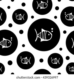 Vector seamless pattern for kids with fishes and circle and bubbles. Cute fish for fabric, baby clothes, background, bed-clothes, bed linen. Funny texture. Doodles for design. Cartoon fish skeleton.