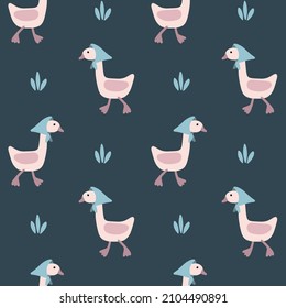 Vector seamless pattern for kids. Hand drawn cute goose, grass. Isolated on blue. For baby shower, kids wearing, wallpaper, bedding. Girls and boys background