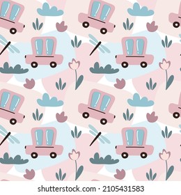Vector seamless pattern for kids. Hand drawn cute cars, flowers, dragonfly. For baby shower, kids wearing, wallpaper, bedding. Girls and boys background