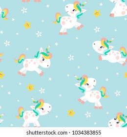 Vector seamless pattern for kids. Magic miracle background with funny unicorns, stars and flowers. Vector illustration.