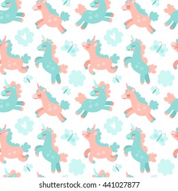 Vector seamless pattern for kids. Magic miracle background with unicorns and hearts. Tender background for children's things.