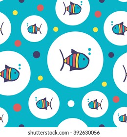 Vector seamless pattern for kids with multicolored fishes on blue background. Circle and bubbles. Cute print for fabric, baby clothes. Colorful funny texture. Doodles for  design. Cartoon style.