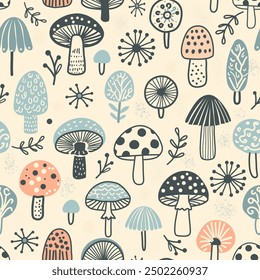 Vector seamless pattern for kids with mushrums on beige background, gender neutral pattern for baby fabric, nursery wallpaper