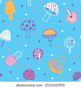 Vector seamless pattern for kids with mushrums on blue background, pattern for baby fabric, nursery wallpaper