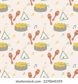 Vector seamless pattern of kids musical instruments with notes drawn in cartoon flat style. Isolated on beige background cute childrens musical toys - maracas, triangle, drum.