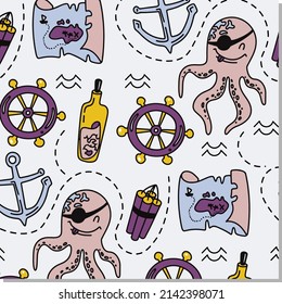 Vector seamless pattern for kids with octopus, steering, wheel, map, anchor, pirates.