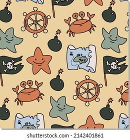 Vector seamless pattern for kids with pirate flag, dynamite, map, crab, starfish