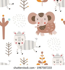 Vector seamless pattern kids safari animals. Repeat fabric design. Cute zebra, elephant on white background. Kids illustration.