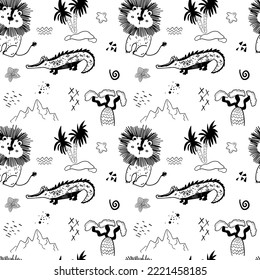 Vector seamless pattern for kids. Safari animal pattern. Black and white simple lion pattern for children fabric print.