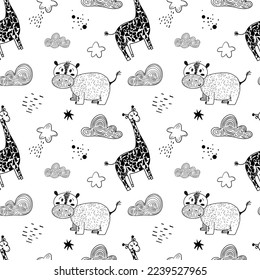 Vector seamless pattern for kids. Safari animal pattern. Black and white simple giraff pattern for children fabric print.