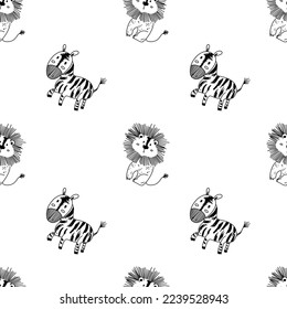 Vector seamless pattern for kids. Safari animal pattern. Black and white simple lion pattern for children fabric print.