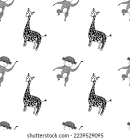 Vector seamless pattern for kids. Safari animal pattern. Black and white simple monkey pattern for children fabric print.