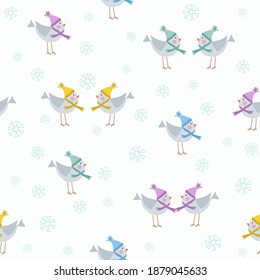 Vector seamless pattern for kids. Stylish background with cute cartoon birds in funny colorful hats, snowflakes on white. Winter season, holidays theme. Modern repeat design for girls and boys, decor