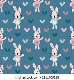 Vector seamless pattern for kids textile, bedding, wearing. Cute bannies with colored hearts. Symple animals on blue background.  Hand drawing elements