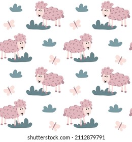 Vector seamless pattern for kids textile, bedding, wearing. Cute sheep on a field. Symple animals on white background. 