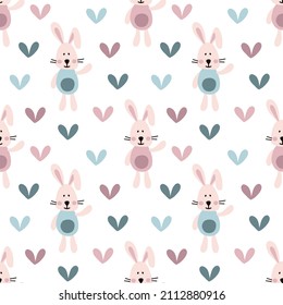 Vector seamless pattern for kids textile, bedding, wearing. Cute bannies with colored hearts. Symple animals on white background.  Hand drawing elements