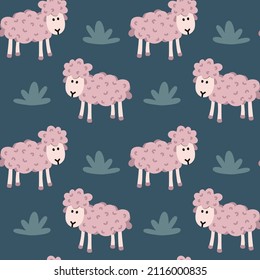 Vector seamless pattern for kids textile, bedding, wearing. Cute sheep on a field. Symple animals on dark blue background