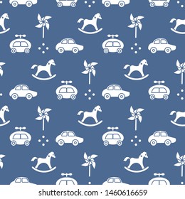 Vector seamless pattern with kids toys. Pinwheel, rocking horse, cars. Children background. Design for wrapping, fabric, print.